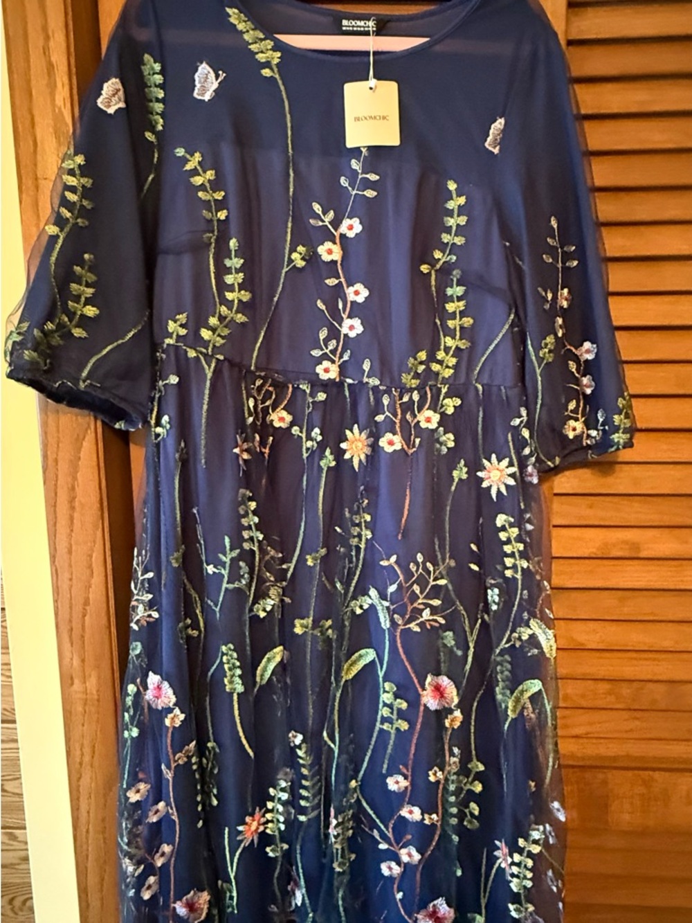 BloomChic Navy Floral Embroidered Mesh Party Dress